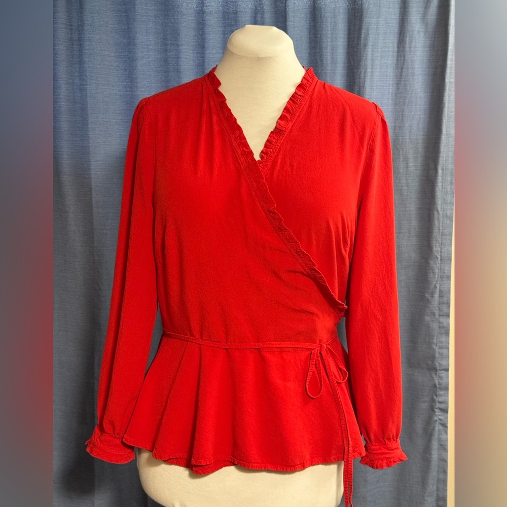LOFT Vibrant Red Ruffle Wrap Blouse